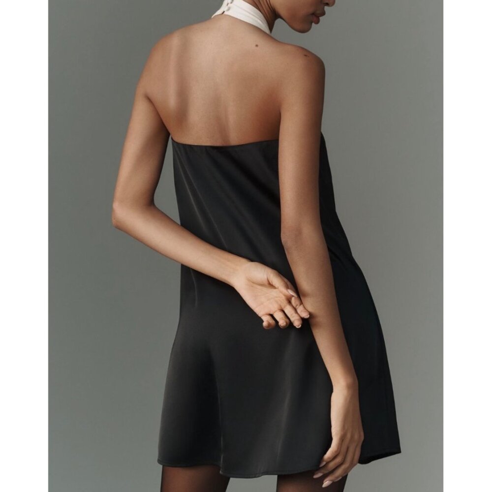 Anthropologie Flat White Satin Tie Halter Mini Dress Black Size M - Picture 2 of 6
